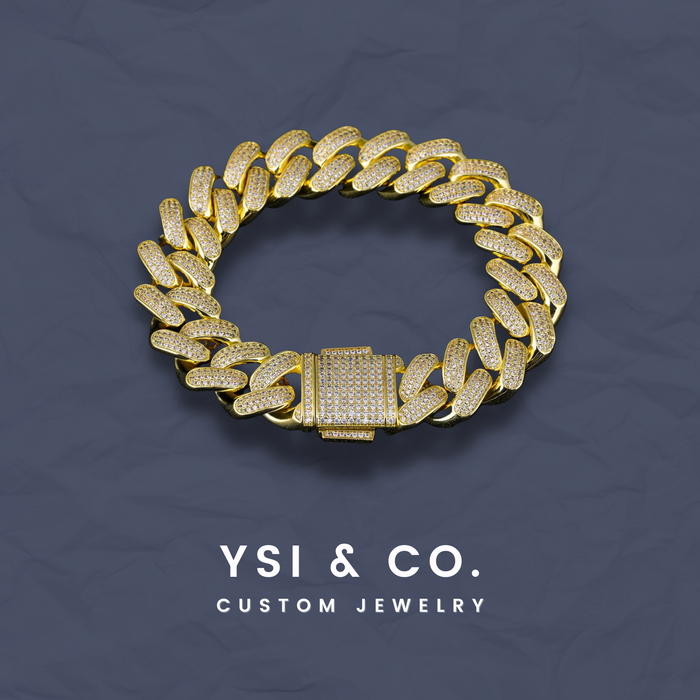 18mm Iced Out Cuban Link Bracelet 14K Yellow Gold